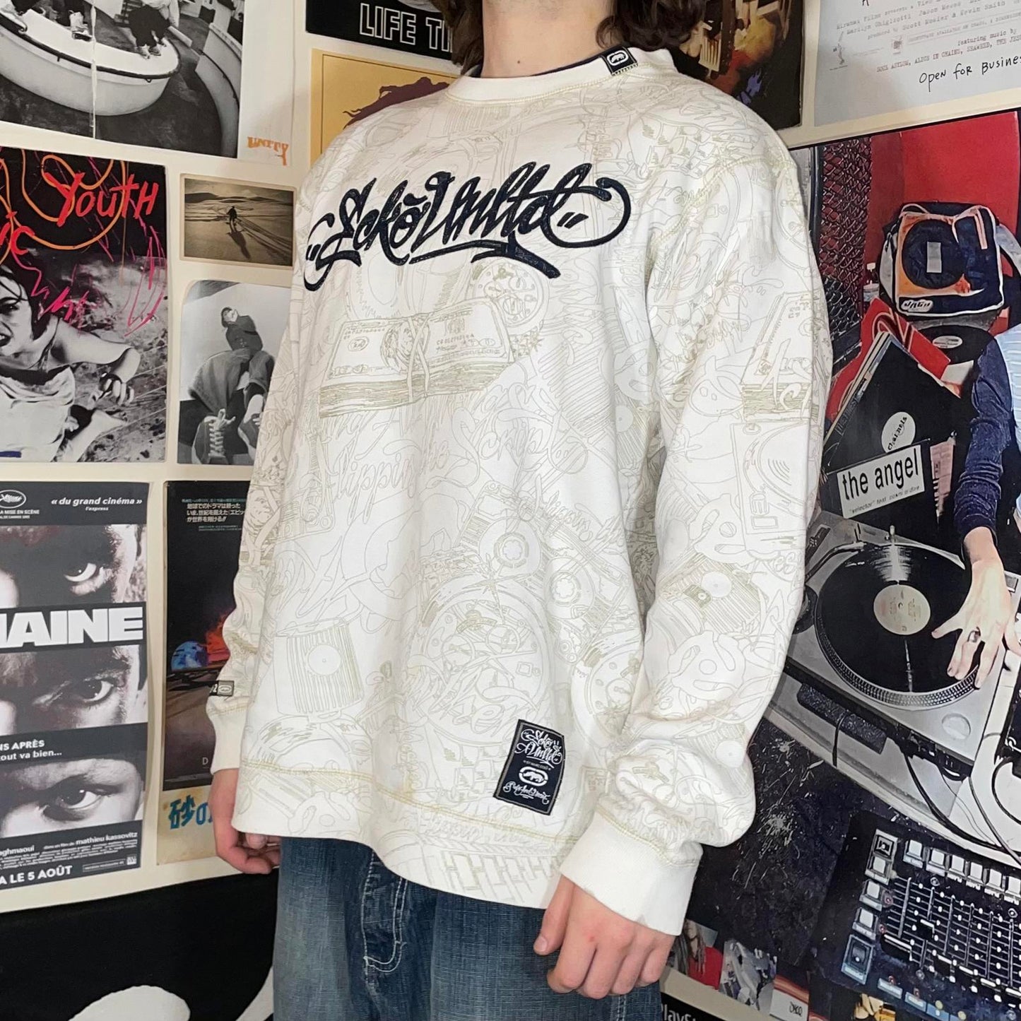 Ecko Unltd. 00s Hip Hop Embroidered Pattern White Sweatshirt XL