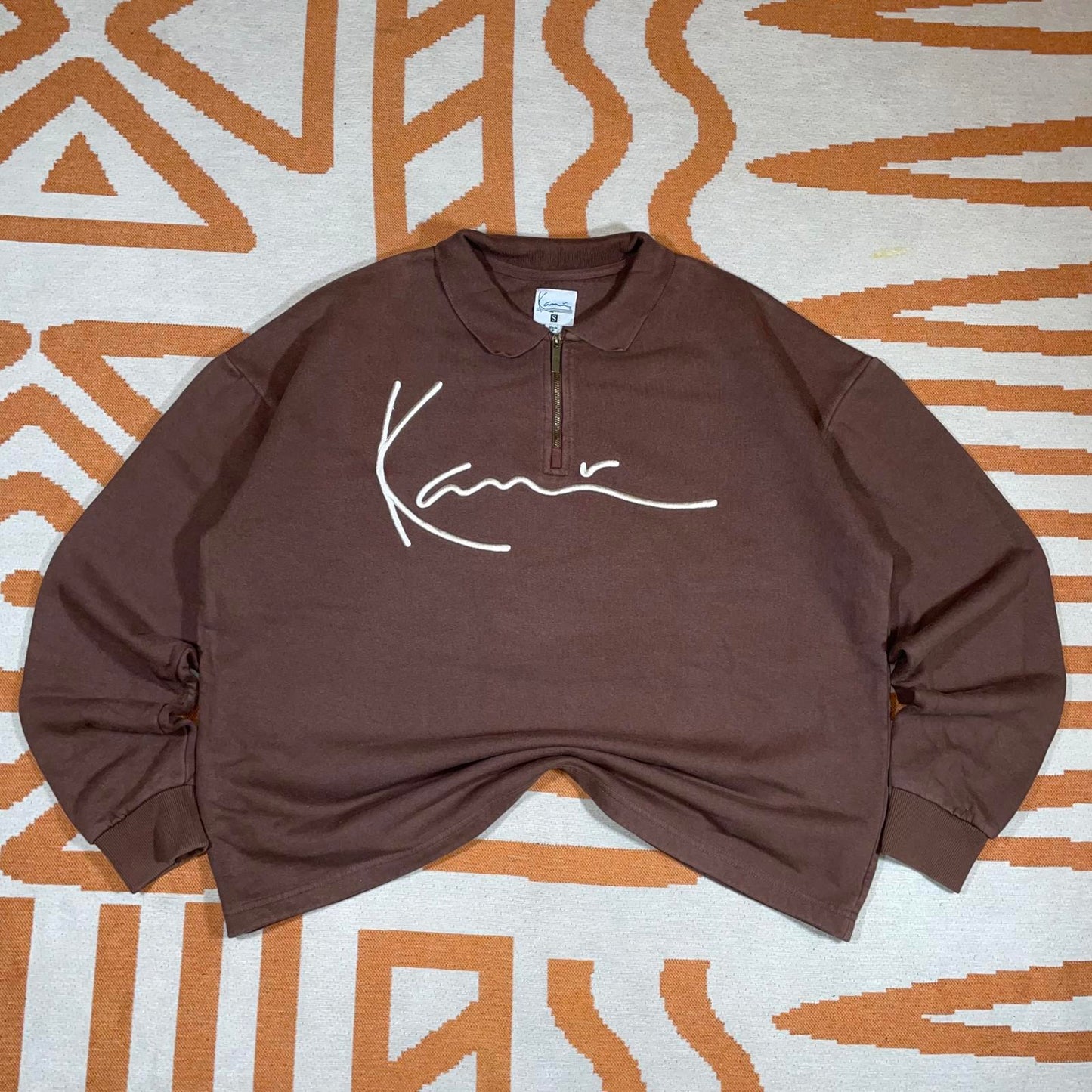 Karl Kani 00s Embroidered Quarter-Zip Brown Sweatshirt S