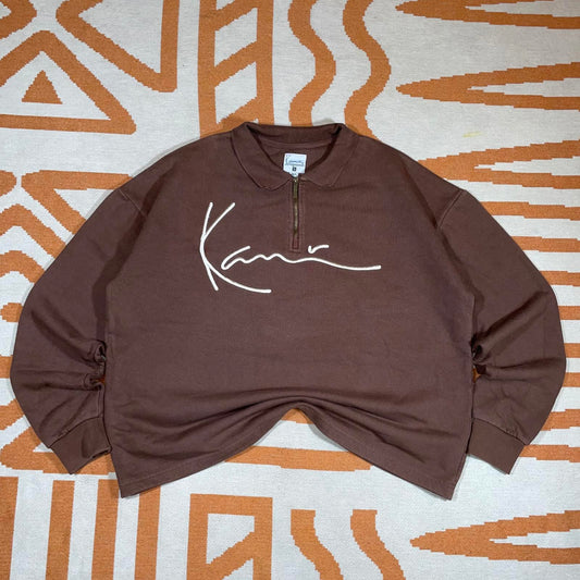 Karl Kani 00s Embroidered Quarter-Zip Brown Sweatshirt S
