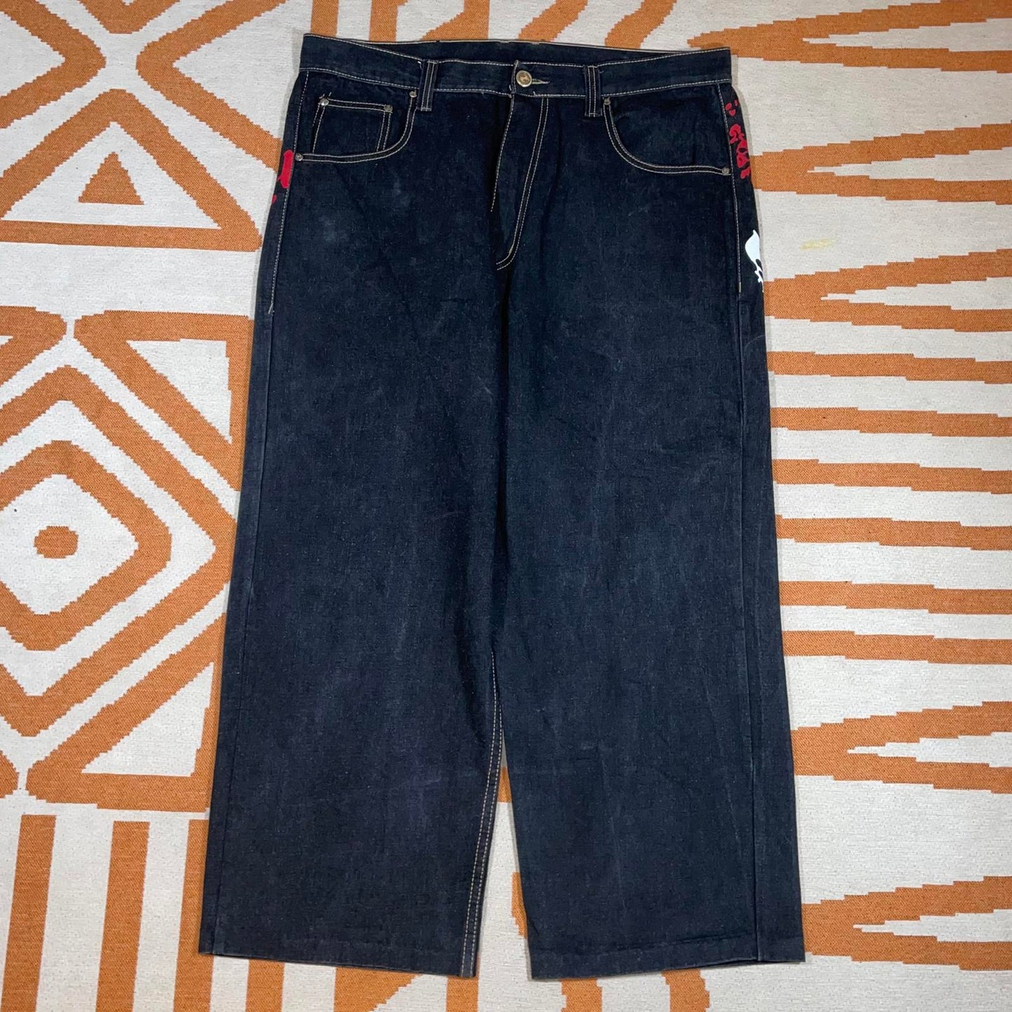 Townz 00s Printed Hustla Black Baggy Denim Jeans 38x30