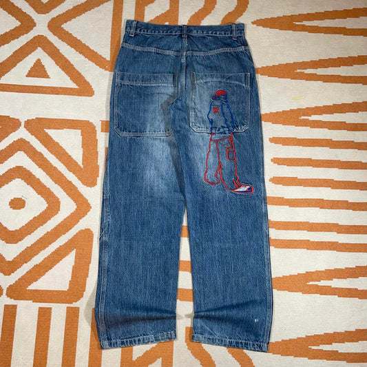 Hip Hop 00s Embroidered Character Blue Denim Jeans 28x30