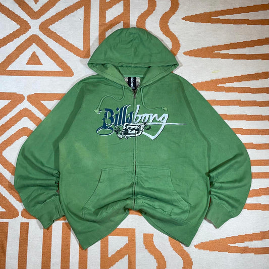 Billabong 00s Graphic Surf Green Zip Hoodie XL