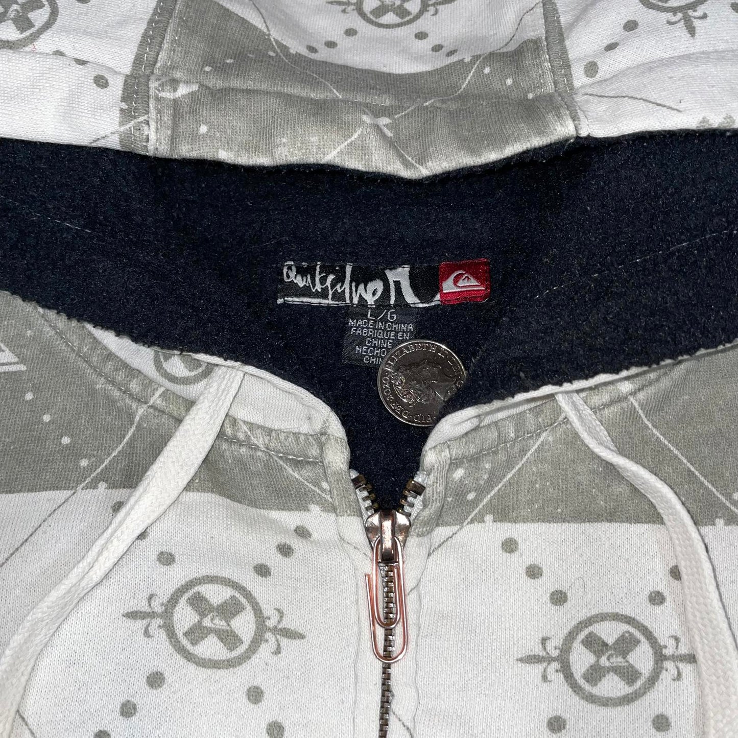 Quiksilver 00s Striped Pattern White Zip Hoodie L