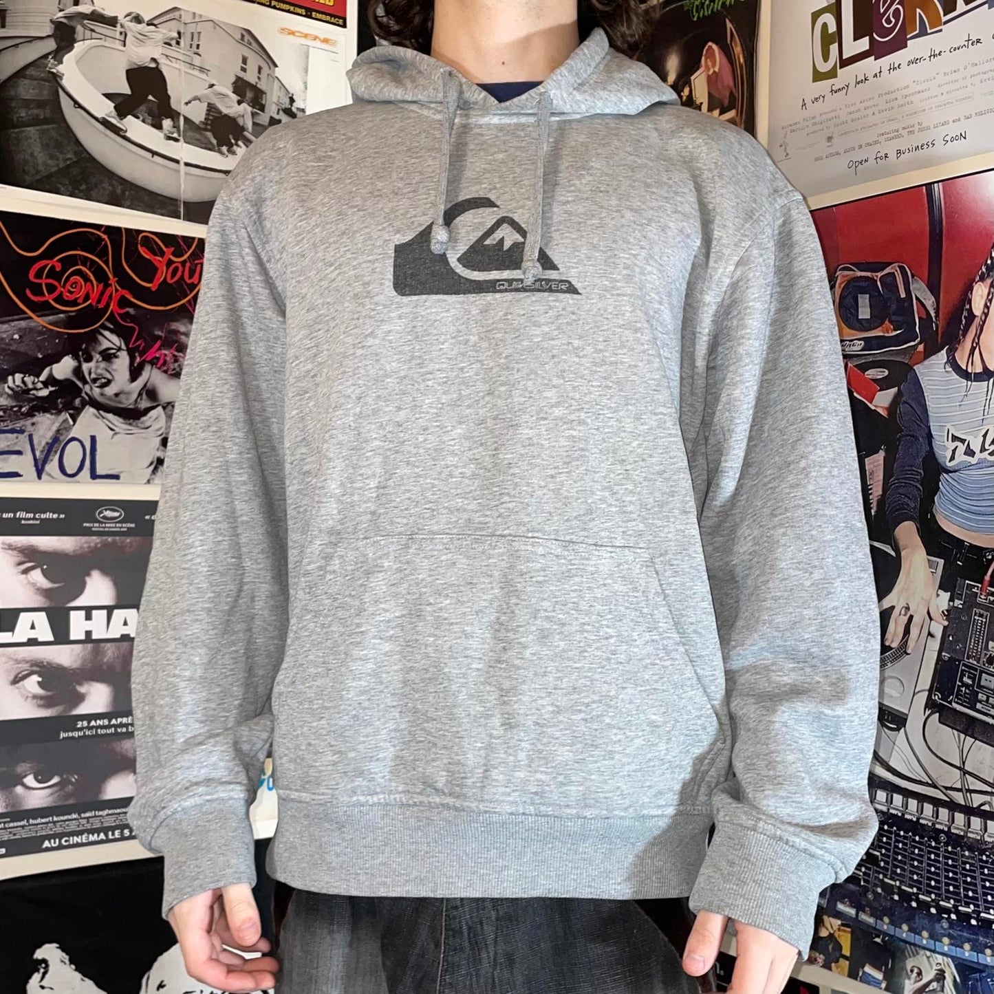 Quiksilver 00s Grey Logo Print Hoodie XL