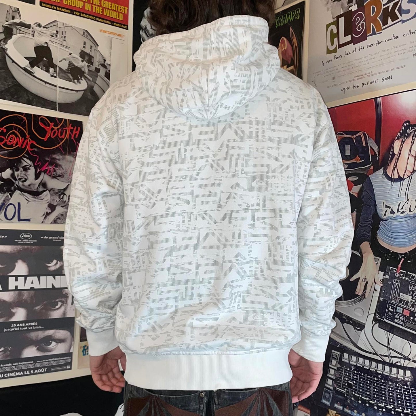 Quiksilver 00s Text Pattern White Hoodie L