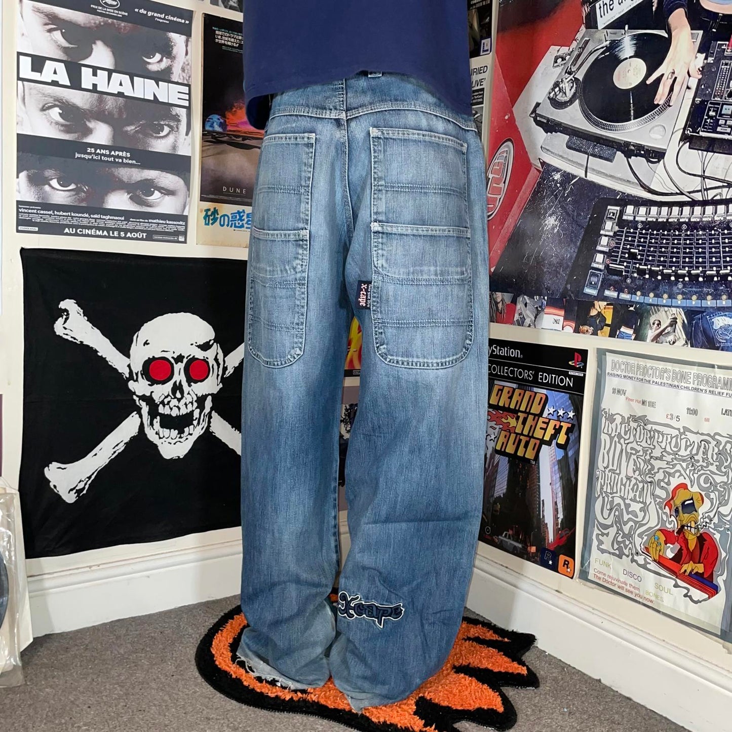 X-Cape 00s Embroidered Baggy Blue Jeans 34x32