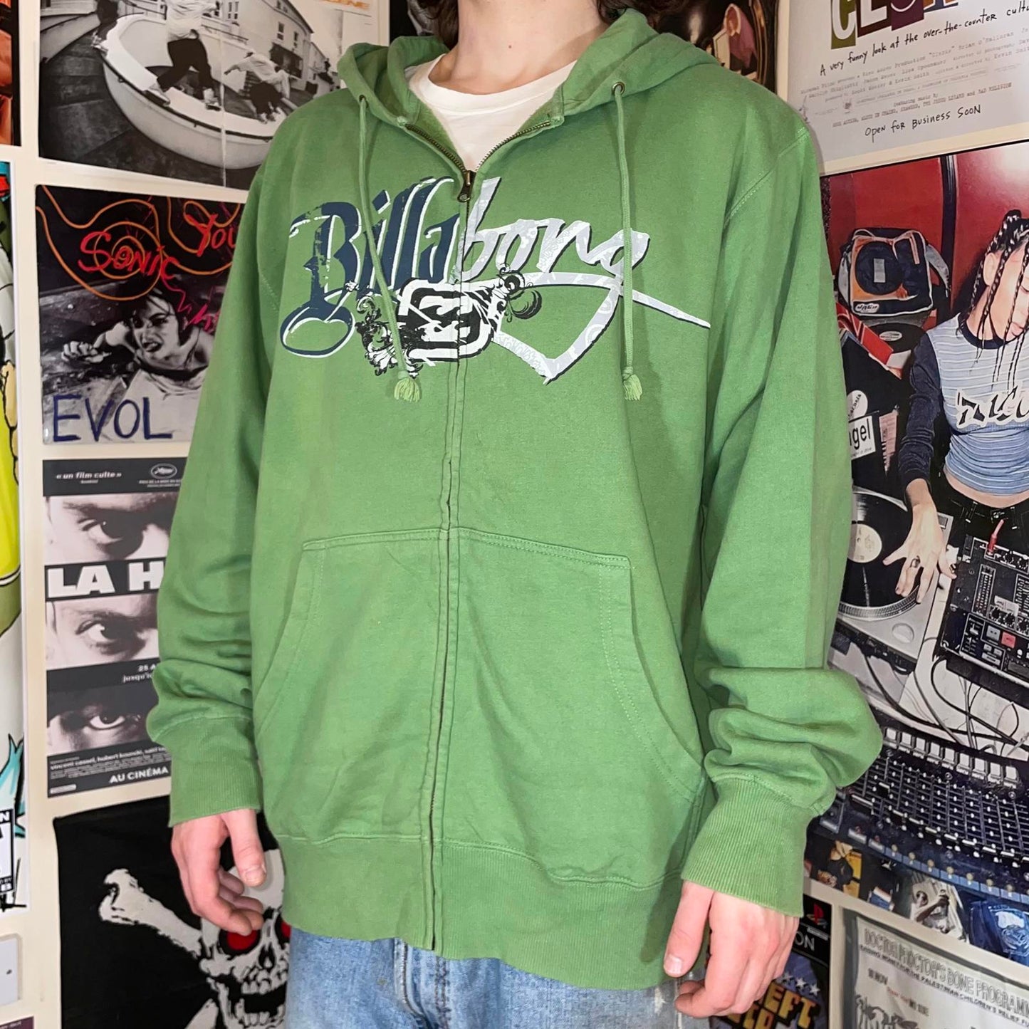 Billabong 00s Graphic Surf Green Zip Hoodie XL