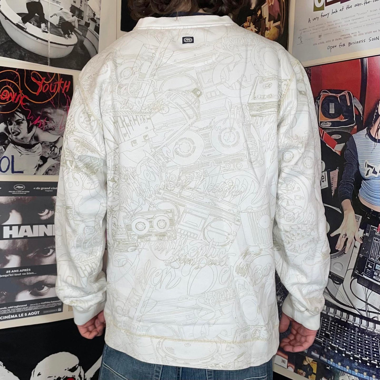 Ecko Unltd. 00s Hip Hop Embroidered Pattern White Sweatshirt XL