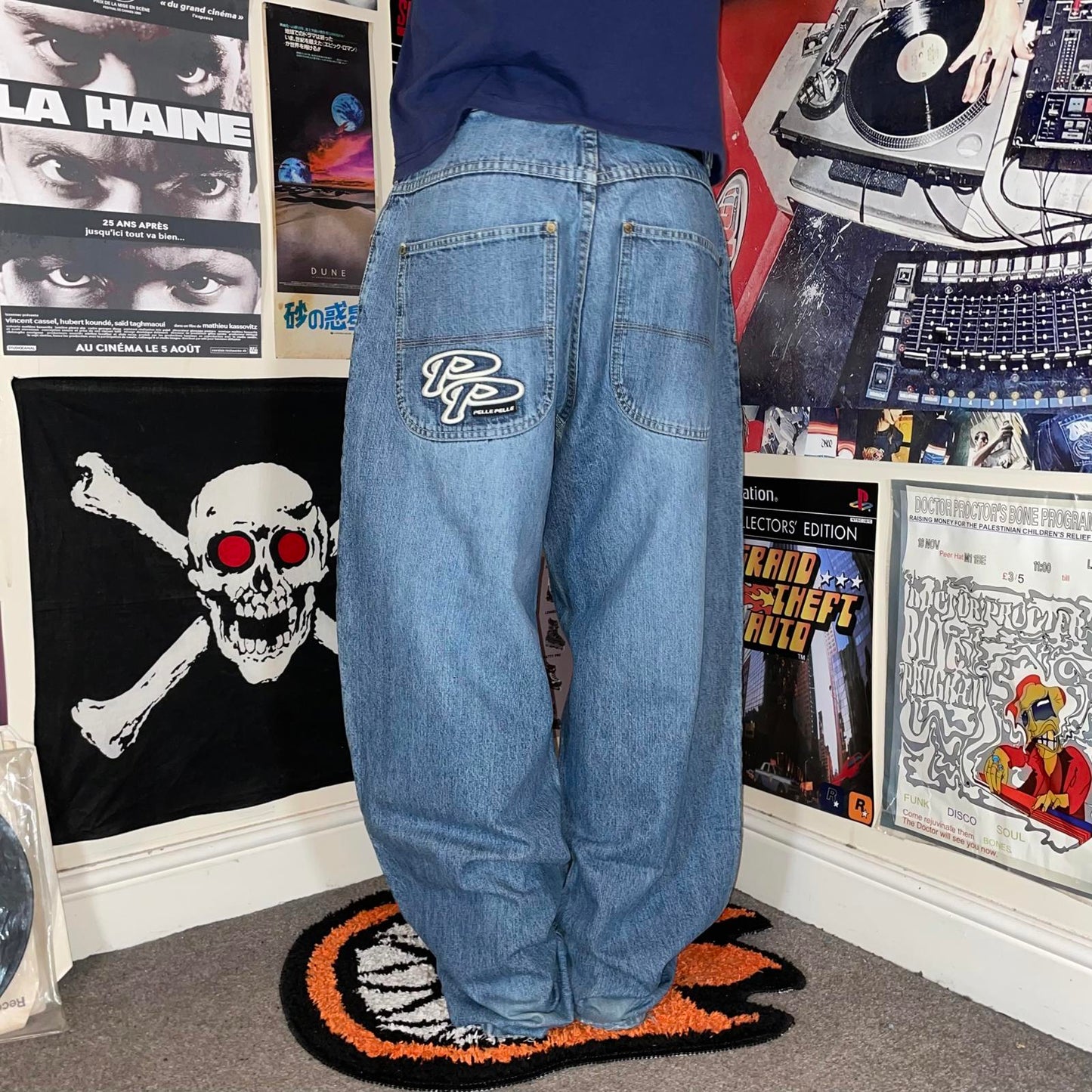 Pelle Pelle 00s Embroidered Baggy Blue Denim Jeans 32x34