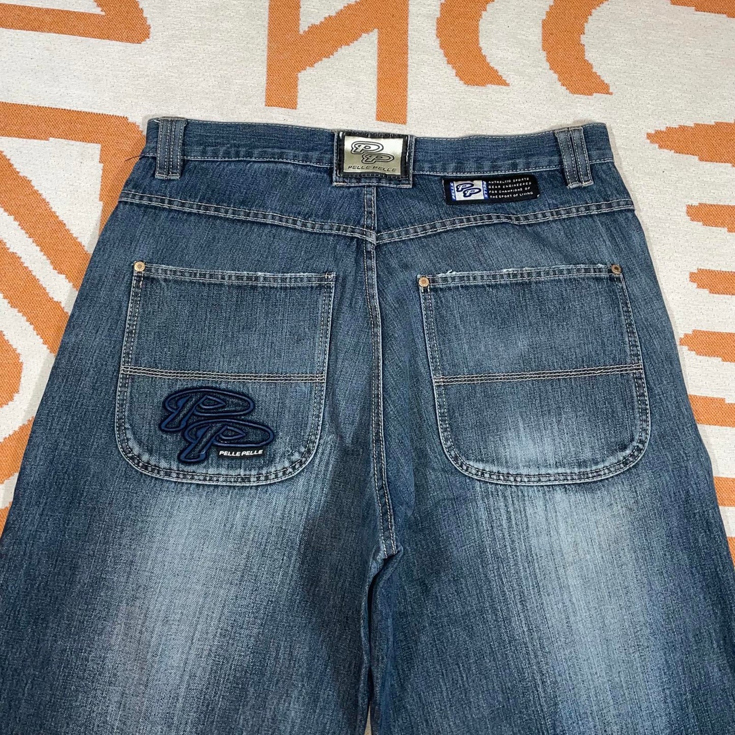 Pelle Pelle 00s Embroidered Dark Blue Baggy Denim Jeans 36x32