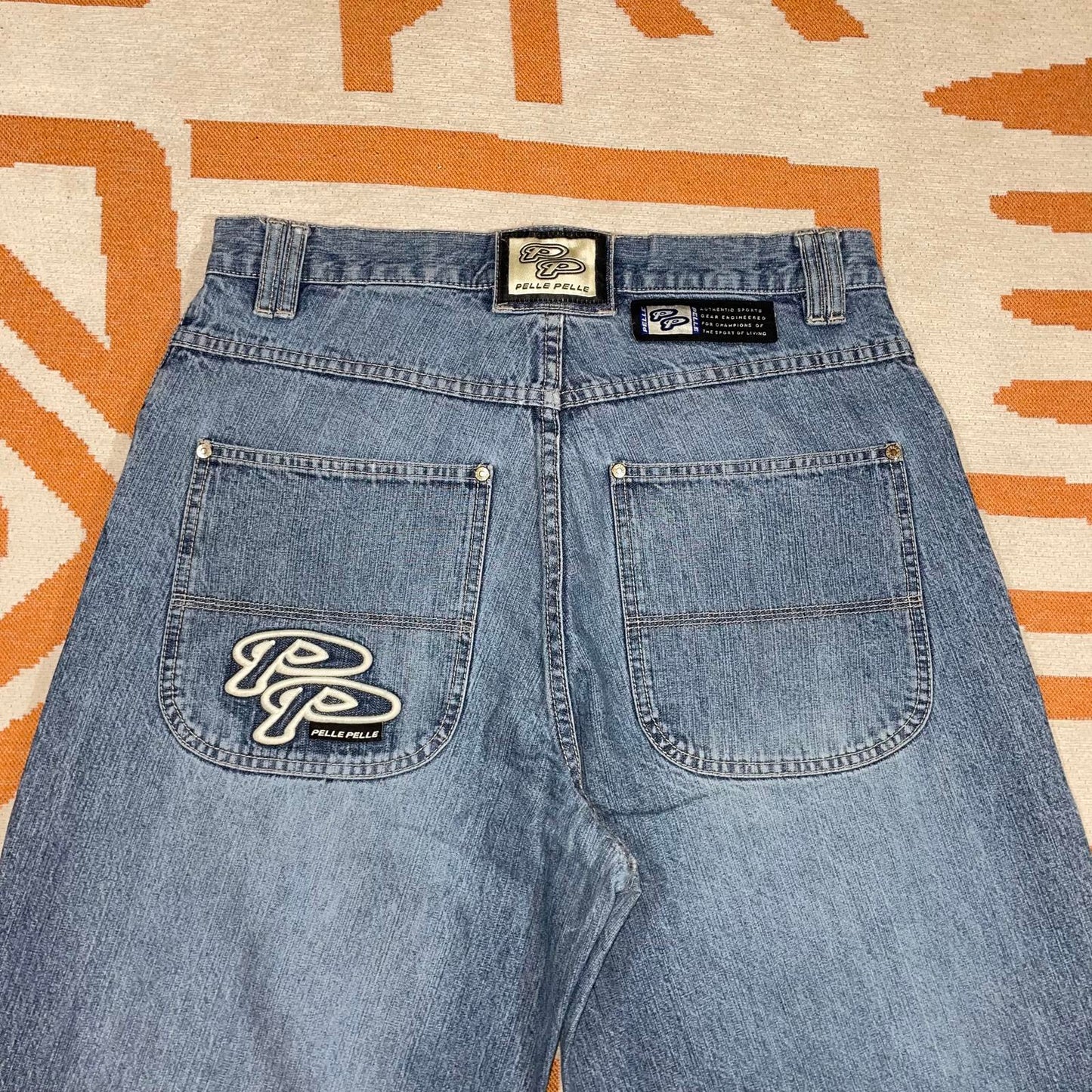 Pelle Pelle 00s Embroidered Baggy Blue Denim Jeans 32x34