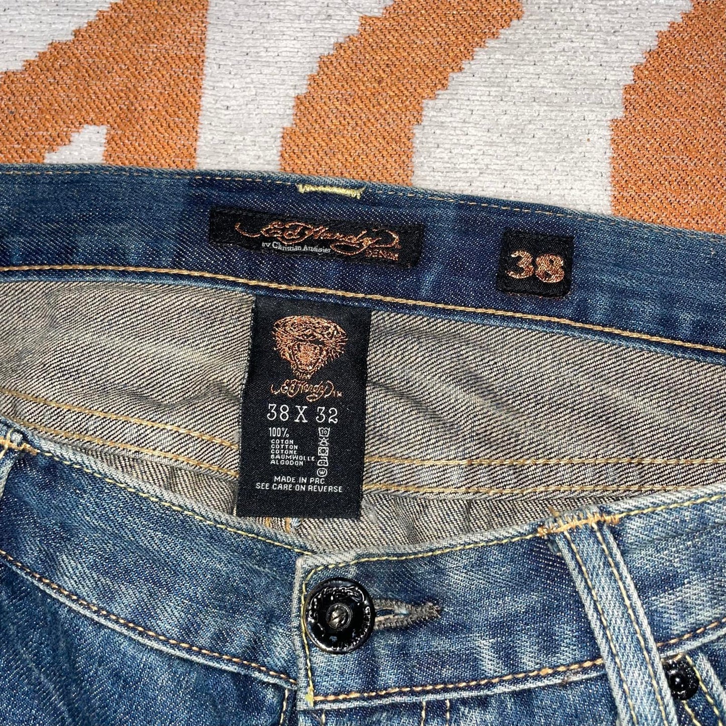 Ed Hardy 00s Embroidered Baggy Denim Blue Jeans 38x34