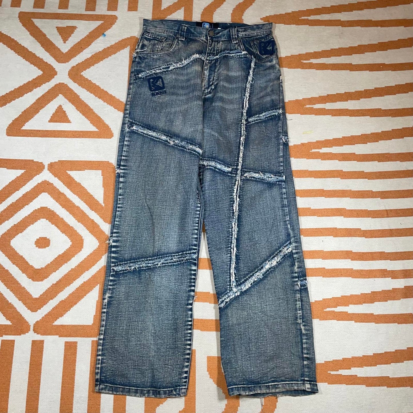 Karl Kani 00s Patchwork Embroidered Baggy Blue Jeans 34x34