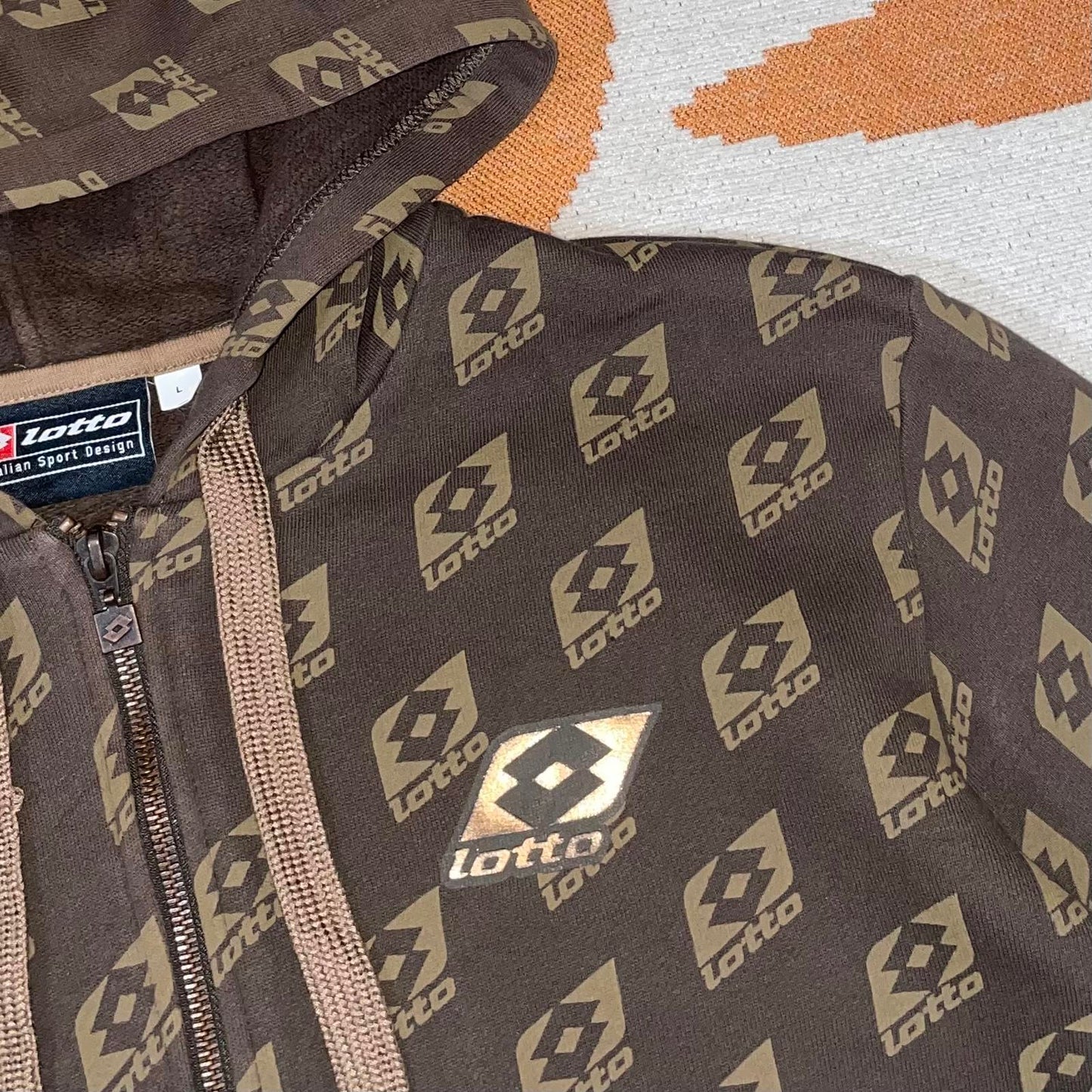 Lotto 00s Logo Pattern Brown Zip Hoodie L