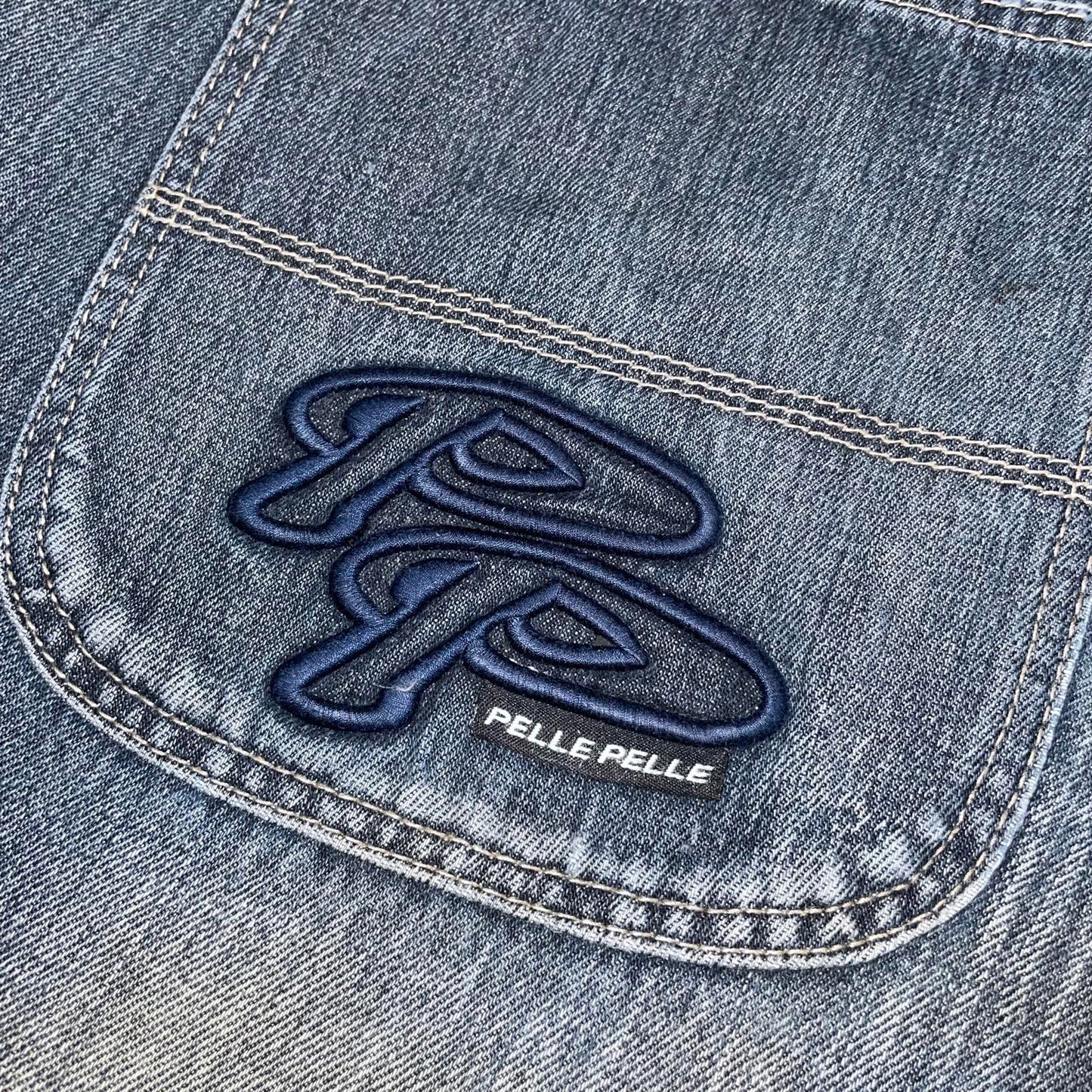Pelle Pelle 00s Embroidered Dark Blue Baggy Denim Jeans 36x32