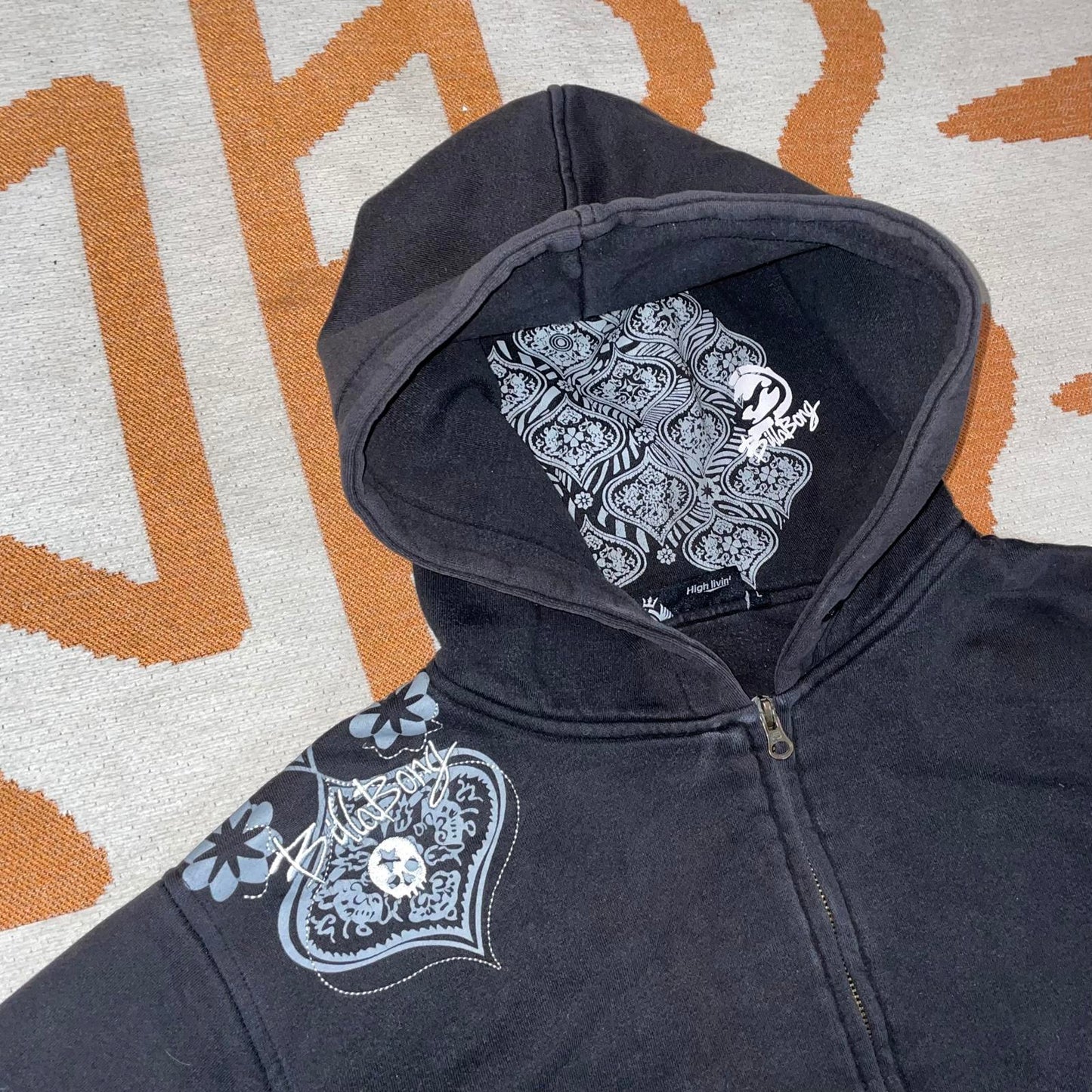 Billabong 90s Paisley Skulls Art Black Zip Hoodie L