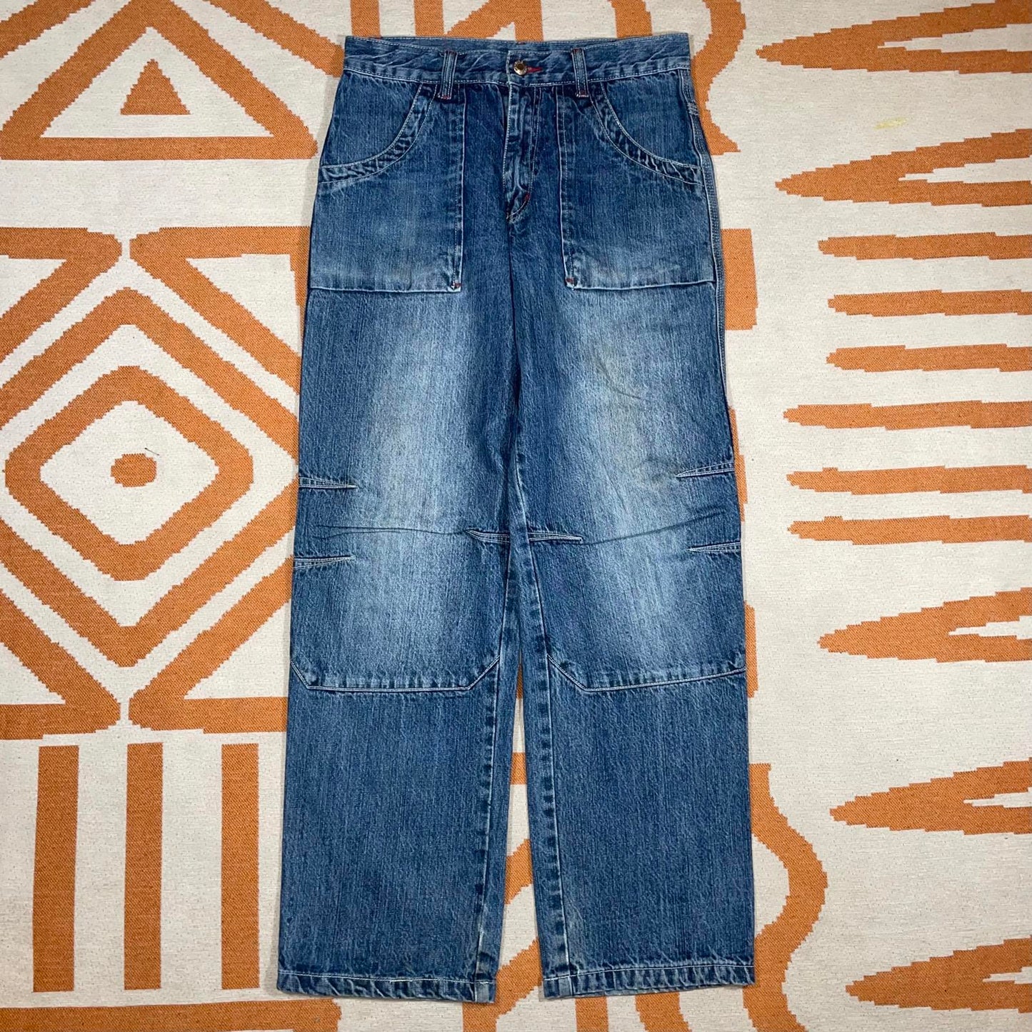 Hip Hop 00s Embroidered Character Blue Denim Jeans 28x30