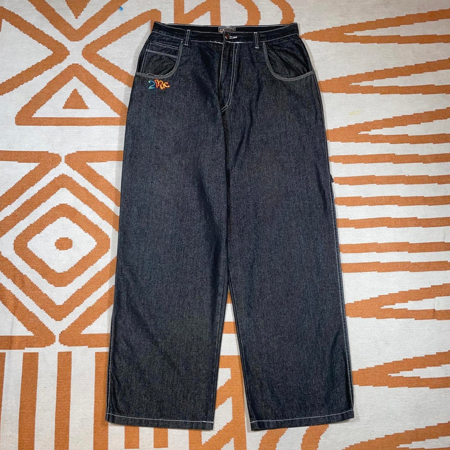 2Pac 90s Embroidered Baggy Black Denim Jeans 36x34